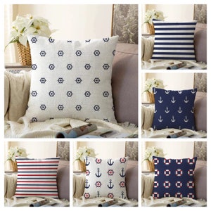 Nautical Cushion Cover, Navy Blue Sea Pattern Pillow Case, Anchor Cushion Case, Coastal Beach Home Decor, Holiday Stripe Cushion Cover