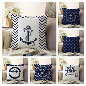 Coastal Cushion Cover|Nautical Navy Blue Sea Life Pillow Case|Anchor Pillow Case|Marine, Beach Style Living Room, Bedroom Decoration