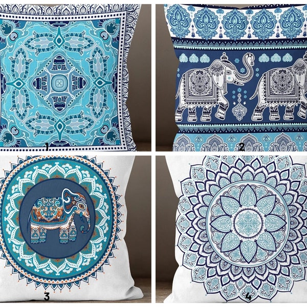 Blauer Elefant Kissenbezug/Mandala Kissenbezug/Boho Schlafzimmer Dekor/Wohnzimmer Kissen/Einweihungsparty Geschenk/Kissen für Geschenk