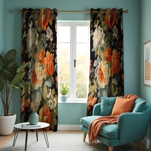 Farmhouse Floral Curtain, Orange & White Flowers Drape, Botanical Window Treatment, Custom Size Available, Made to Order Soft Curtain Panels