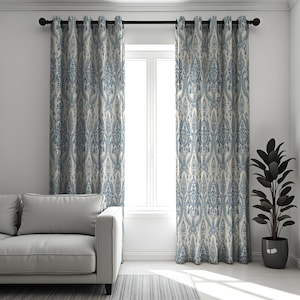 Blauwe damastgordijnen, elegante gordijnen met klassiek patroon, op maat gemaakte raampanelen voor woonkamer, slaapkamer of traditioneel huisdecor