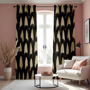 Black Beige Abstract Curtains, Modern Geometric Brushstroke Pattern Drapes for Living Room or Bedroom, Bold Contemporary Window Treatment