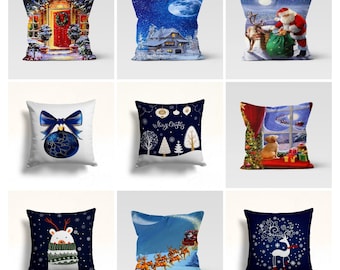 Funda de almohada navideña/Funda de cojín de ciervo/Decoración navideña azul marino para el hogar/Bolsas de regalo de Papá Noel/Estilo de árbol de Navidad de invierno y oso polar