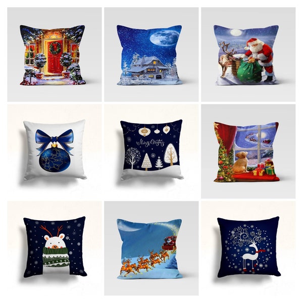 Christmas pillow cover|Deer cushion cover|Navy Blue Xmas home decoration|Santa gift bags|Winter Xmas tree & polar bear style