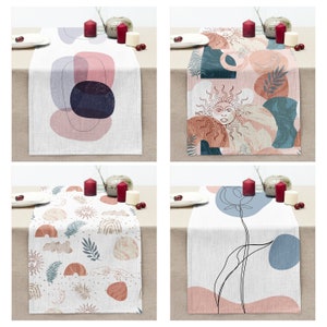 Abstract Geometric Table Runner, Floral Plant Leaves Tablecloth, Mid Century Table Top, Minimalist Drawing Farmhouse Decor,Housewarming Gift