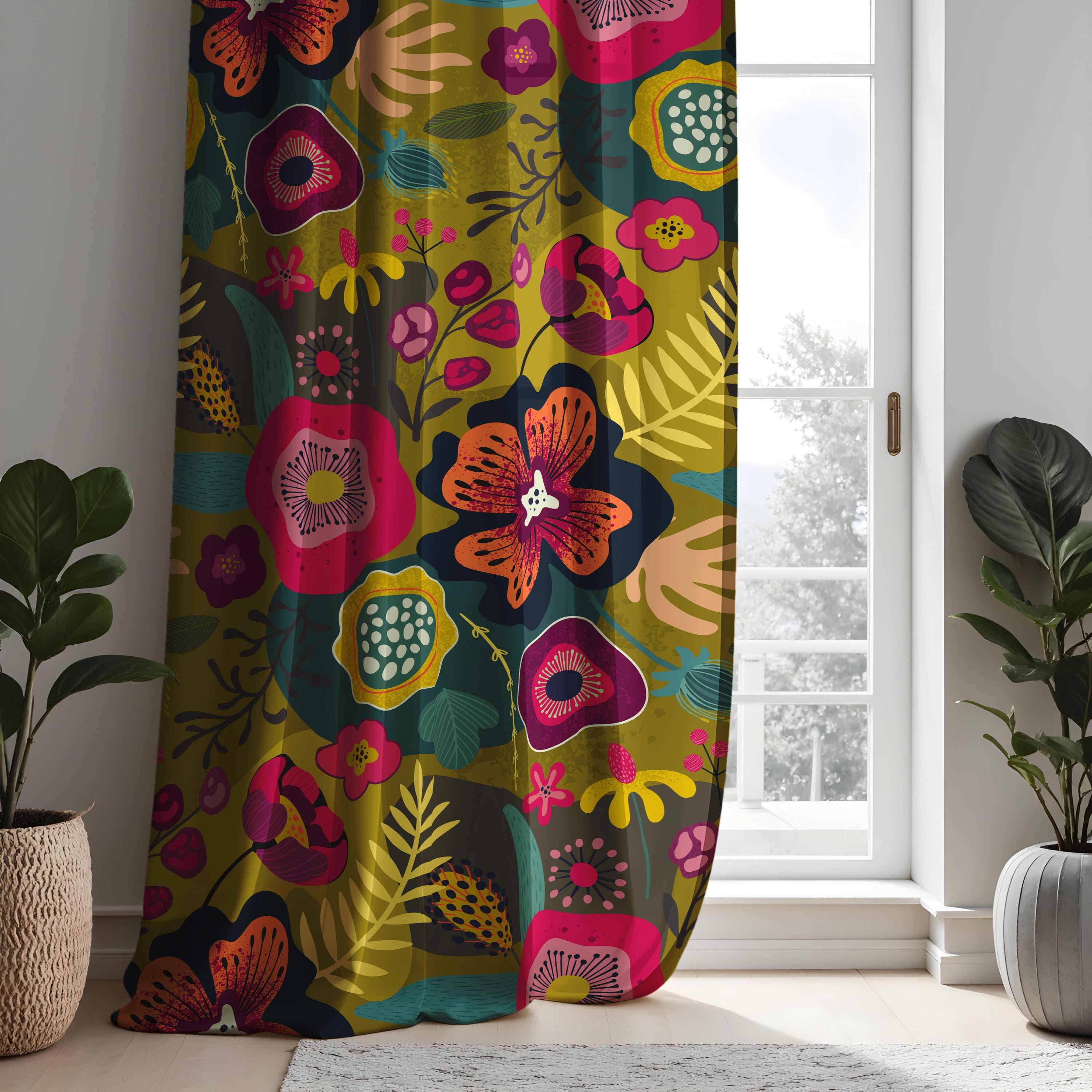 Tende floreali boho scure, tende con stampa botanica giallo senape e rosa, tende con fiori vivaci, tende a pannello di lunghezza personalizzata - Italia