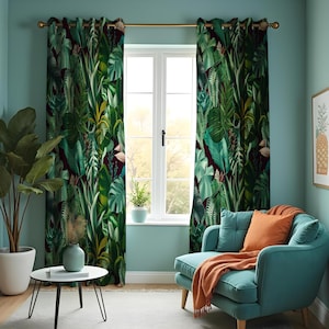 Tropical Fern & Leaf Print Curtains, Lush Greenery Drapes, Jungle Window Treatments, Nature Themed Living Room or Bedroom Curtain Panels