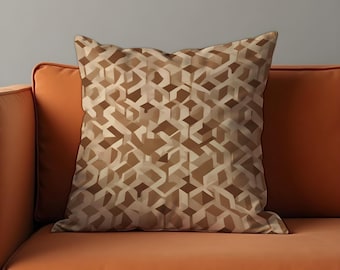 Geometric Beige Cushion Cover, Modern 3D Cube Throw Pillow Case, Neutral Caramel Brown Decorative Pillow Case