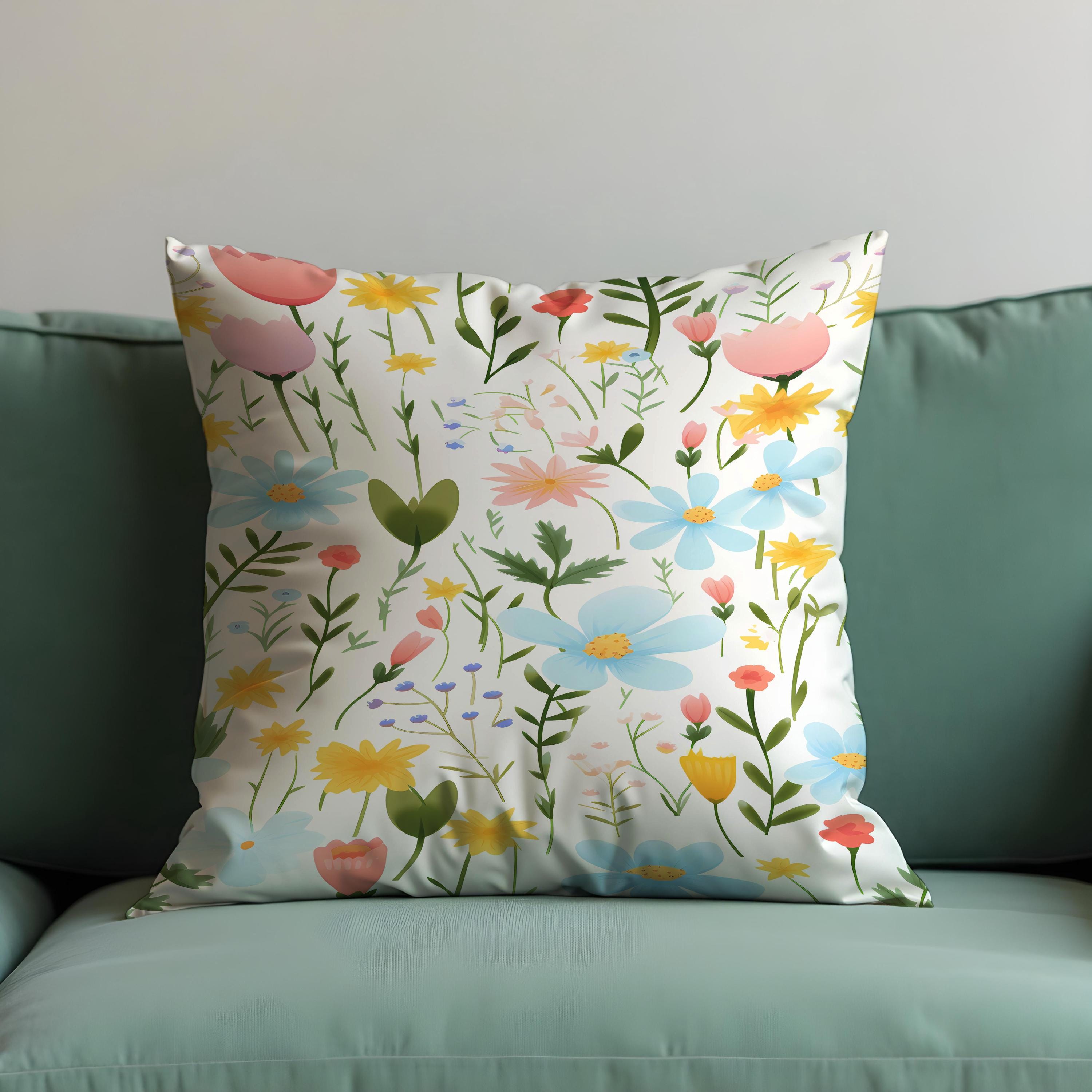 パステルカラーのワイルドフラワークッションカバー、春の草原の花柄