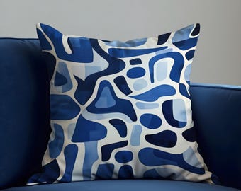 Abstract Blue Cushion Cover, Navy and Light Blue Organic Shape Pattern Pillow Case, Modern Geometric Throw Pillow Cover