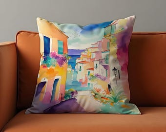 Colorful Coastal Town Cushion Cover, Painted Mediterranean Village Street View Pillow Case, Summer Vibes Home Decoration