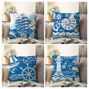 Nautical Cushion cover|Blue Marine Yacht Pillow case|Seashell home decoration|Light Tower pillow case|Coastal theme home textiles