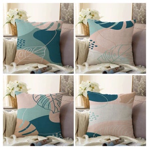 Abstract Leaves Pillow Cover, Colourful Mid Century Modern Cushion Case, Flower Minimalist Drawing Living Room Decoration, Bedroom Decor