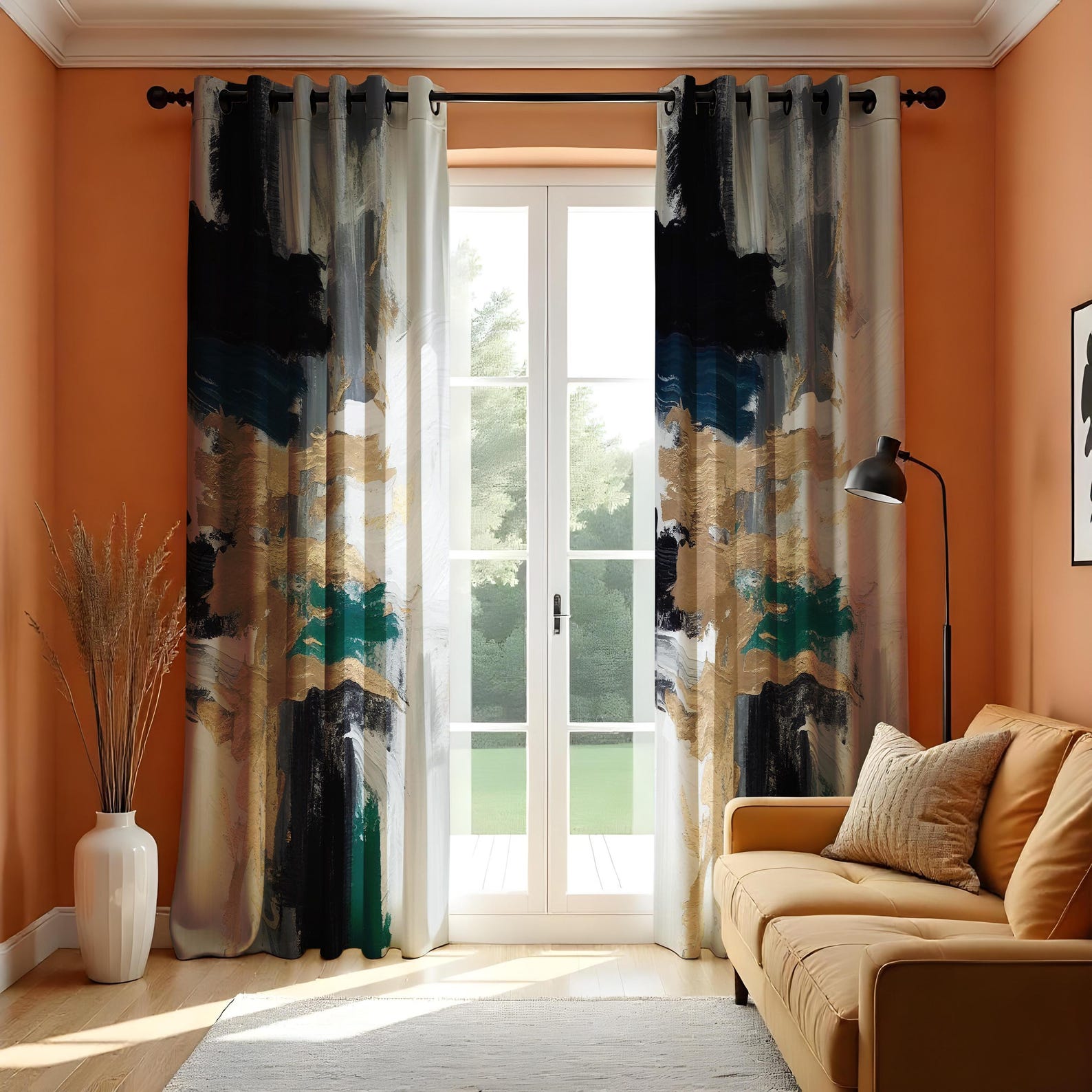 Abstract Art Curtains, Paint Brush Strokes Effect Drapes, Modern Window