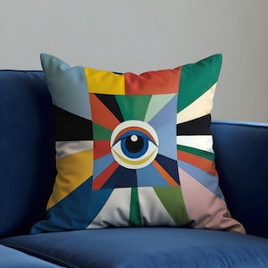 Abstract Eye Cushion Cover, Colorful Geometric All-Seeing Eye Throw Pillowcase, Mystical Modern Decor for Sofa, Lounge or Meditation Space