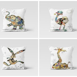 Funda de almohada infantil con estampado de elefante, avestruz, conejo y jirafa/Funda de cojín con diseño de lectura de libros de animales/Decoración de habitación infantil/Cojín decorativo para jardín