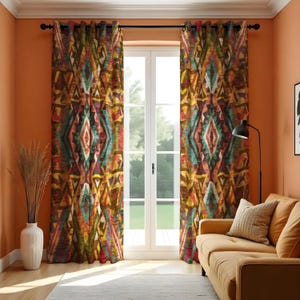 Colorful Tribal Aztec Curtains, Boho Geometric Window Panels, Rustic Living Room Drapes, Ethnic Print Curtain for Home Decor