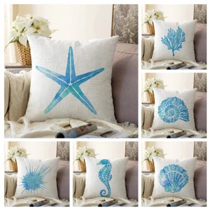 Blue Nautical Pillow Cover, Seastar Cushion Case, Coastal Seahorse Cushion Cover, Coral Living Room Decoration, Shell Pattern Bedroom Decor