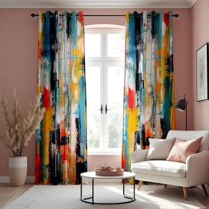 Abstract Art Curtains, Bold Multi-Color Brushstrokes Modern Drapes, Custom Length Colourful Curtain Panels