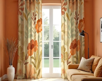 Cortinas florales naranjas con grandes flores clásicas, cortinas botánicas personalizadas, paneles de ventana cálidos y terrosos para sala de estar o dormitorio