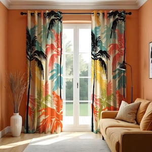 Tropical Palm Tree Curtains, Vibrant Beach Vibe Print Drape, Modern Exotic Window Treatments, Custom Size Options, Summer Home Decor