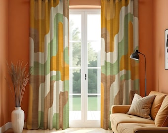 レトロな幾何学模様のリビングルームカーテン、オリーブグリーンと