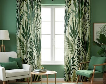トロピカルグリーンリーフカーテン、ボタニカルジャングル柄ドレープ