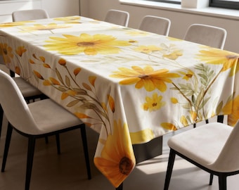 Yellow Daisy Tablecloth, Floral Spring Dining Table Cover, Bright Modern Table Linen for Kitchen, Dining & Home Decor