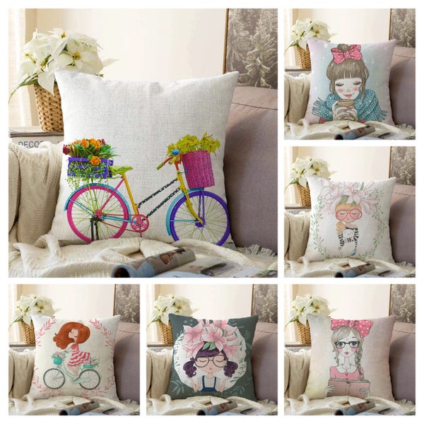 Bicycle Cushion Cover|Colourful Bike Pillow Case|Cute Girl Portrait Cushion Case|Pink Decorative Pillow Cover|Girl"s Room Decoration