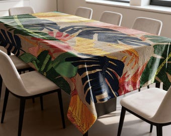 Abstract Tropical Tablecloth, Modern Botanical Dining Table Cover, Colorful Printed Table Linen for Kitchen Home Decor