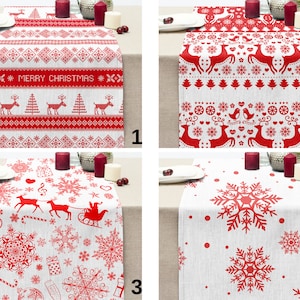 Camino de mesa navideño con diseño de copos de nieve y ciervos con abeto, decoración festiva para una mesa acogedora y festiva.