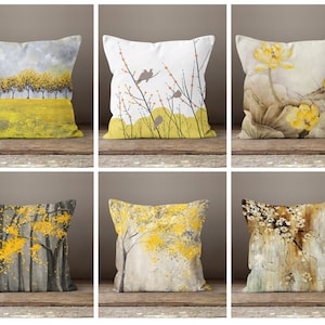 Mosterdkleurige bloemenkussenhoes|Grijze kussensloop|Decoratieve kussenhoes|Mosterdgrijze kussensloop|Cadeau voor haar kussen|Handgemaakt materiaal