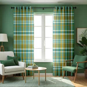 Green Plaid Curtains, Modern Check Window Drapes, Cozy Farmhouse Style Panels for Living Room, Kitchen or Bedroom