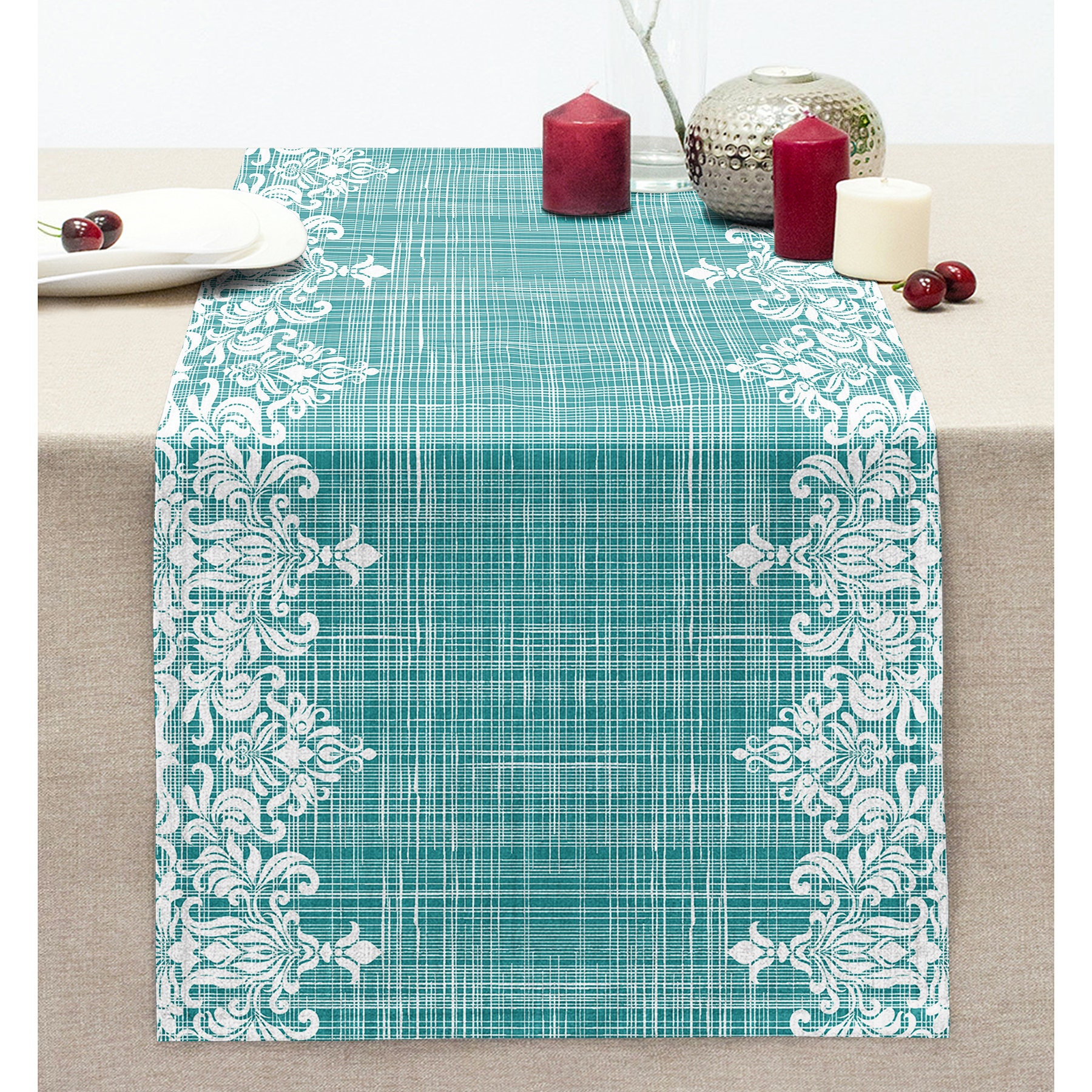 ターコイズストライプフローラルテーブルランナー、ブルーフラワー