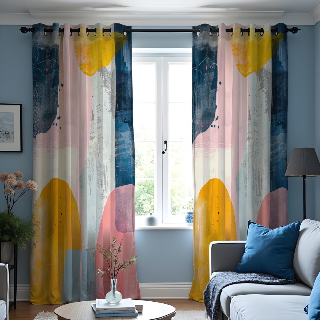 Abstract Color Block Curtains, Modern Art Print Drapes in Blue, Pink ...