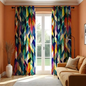 Colorful Geometric Curtains, Modern Abstract Chevron Drapes, Vibrant Rainbow Patterned Window Panels for Living Room or Bedroom