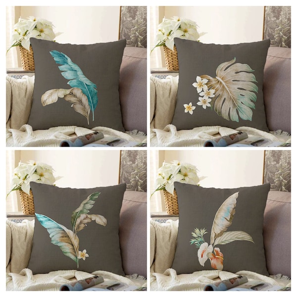 Feather Pillow Case|Brown, Turquoise Cushion Cover|Floral Home Decor|Flower Pillow Cover|Bird's Feather Living Room Decoration