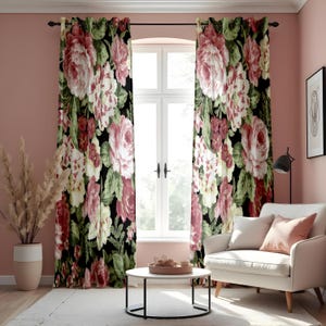 Classic Floral Curtain, Pink Roses & Green Leaves Drape, Botanical Window Treatment, Custom Size Curtain Panels