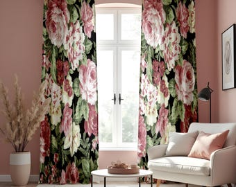 Classic Floral Curtain, Pink Roses & Green Leaves Drape, Botanical Window Treatment, Custom Size Curtain Panels