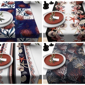 Nautical table runner|Coral table decor|Starfish table cloth|Seashell table top|Gift for her table runner|Handmade material