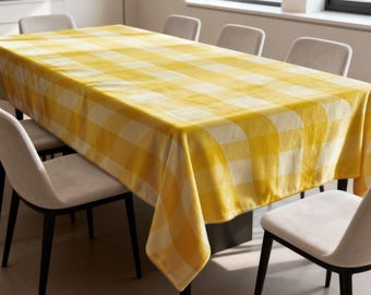 Yellow Checkered Tablecloth, Gingham Dining Table Cover, Farmhouse Style Printed Table Linen for Kitchen Home Decor