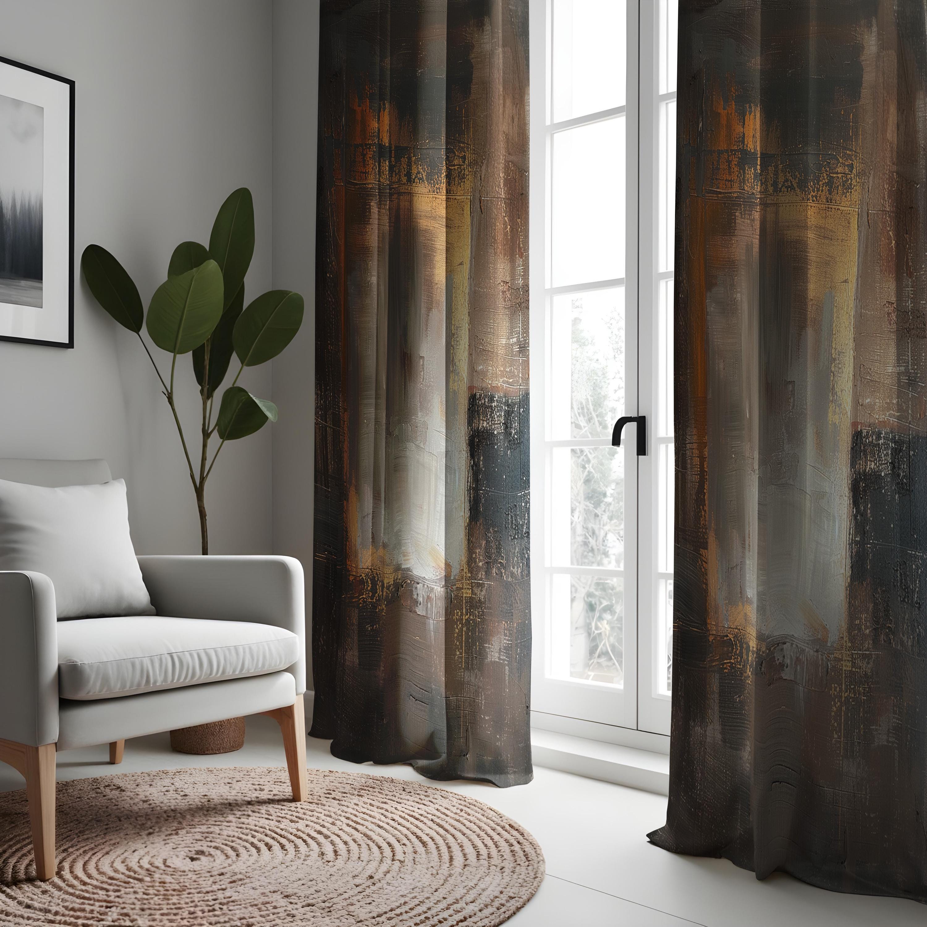 Earthy Window Screen Rustic Abstract Curtain, Earthy Brown & Black Brushstroke Drape, Modern ...