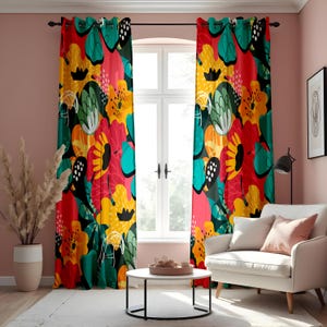 Bold Abstract Floral Curtains, Colorful Boho Flower Print Drapes, Vibrant Modern Window Treatment, Custom Length Panel Curtains