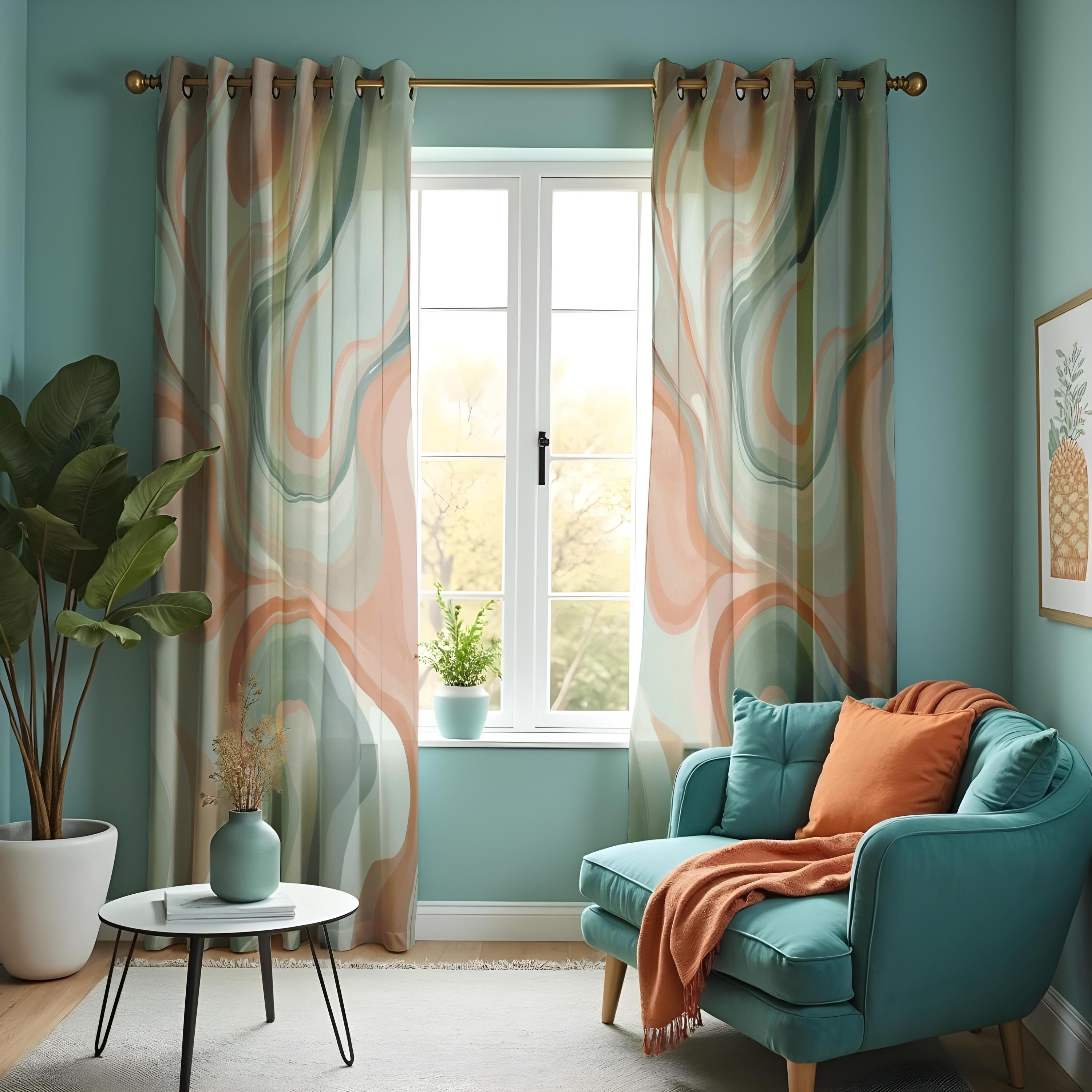 Retro Wavy Stripe Curtains, Sage and Terracotta Drapes, Modern Abstract