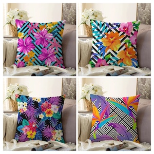 Vivid Exotic Flower Pillow Cover, Colourful Floral Cushion Case, Living Room Decoration, Home Decor, Bedroom Textiles, Housewarming Gift