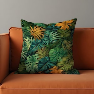 Tropical Leaf Cushion Cover, Green & Mustard Monstera Pillow Case, Exotic Jungle Foliage, Vibrant Botanical Throw Pillow Cover