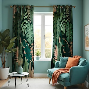 Tropical Greenery Curtains, Monstera Leaf and Botanical Print Window Treatments, Green Palm Leaves Drapes, Custom Curtain Panels