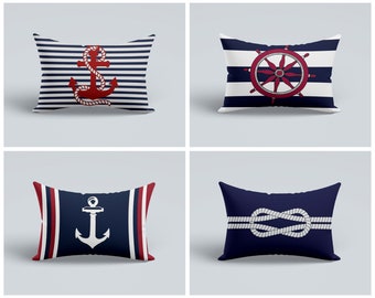 Nautical Lumbar cushion cover/Coastal anchor rectangle pillow case/Navy blue sea home decoration/Beach, garden decor home textiles