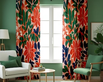 Bold Tropical Floral Curtains, Vibrant Red, Green & Blue Botanical