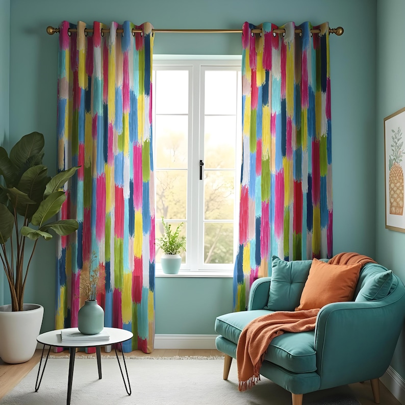 Colorful Brushstroke Curtains, Abstract Paint Pattern Drapes, Vibrant ...